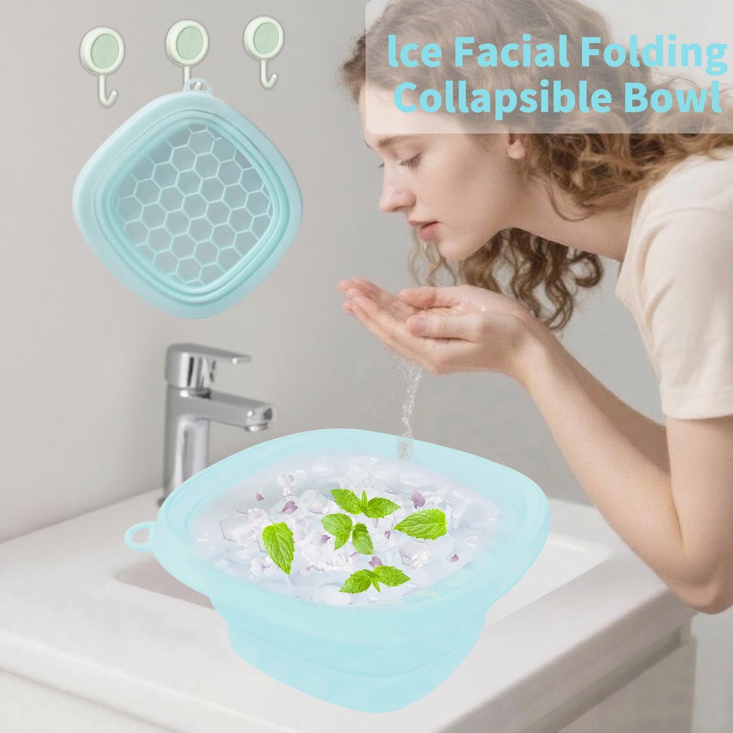 EBIGIC Face Bowl for Ice with Built-in IceTray,Collapsible Silicone Face Ice Bowl – Cold Plunge Therapy for Skin Tightening & Facial Treatment– Portable Spa Tool for Home & Travel(Blue)
