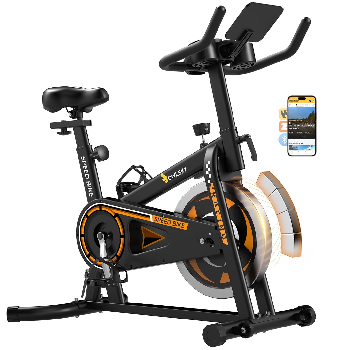 OWLSKY Exercise Bike with APP, Stationary Bike for Home, 300 lbs Capacity Quiet Indoor Cycling Bike Gym Cardio Workout, Adjustable Seat & Tablet Holder Friction-Black