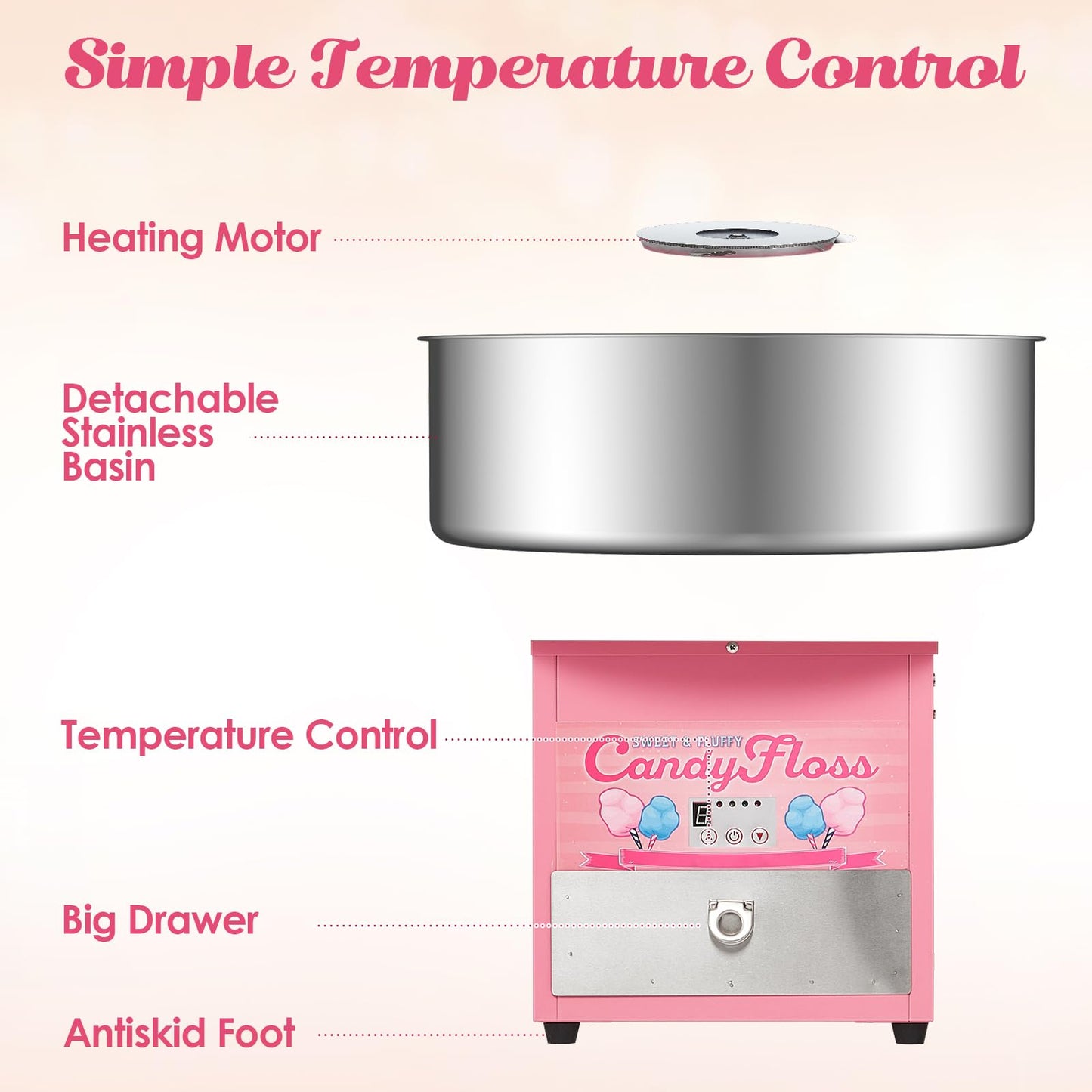 Garvee Electric Cotton Candy Maker Commercial, Cotton Candy Machine for Kids with 20 in Stainless Steel Bowl for Family, Party, Amusement Park, Carnival- Pink