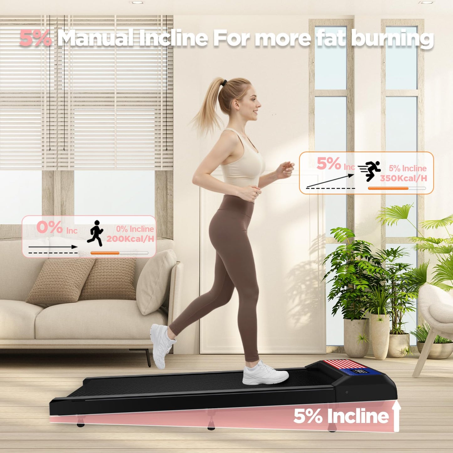 Walking Treadmill Pad Under-Desk with Incline - 2.5HP Home Running Pad LED Display Exercise Machine with Remote Control