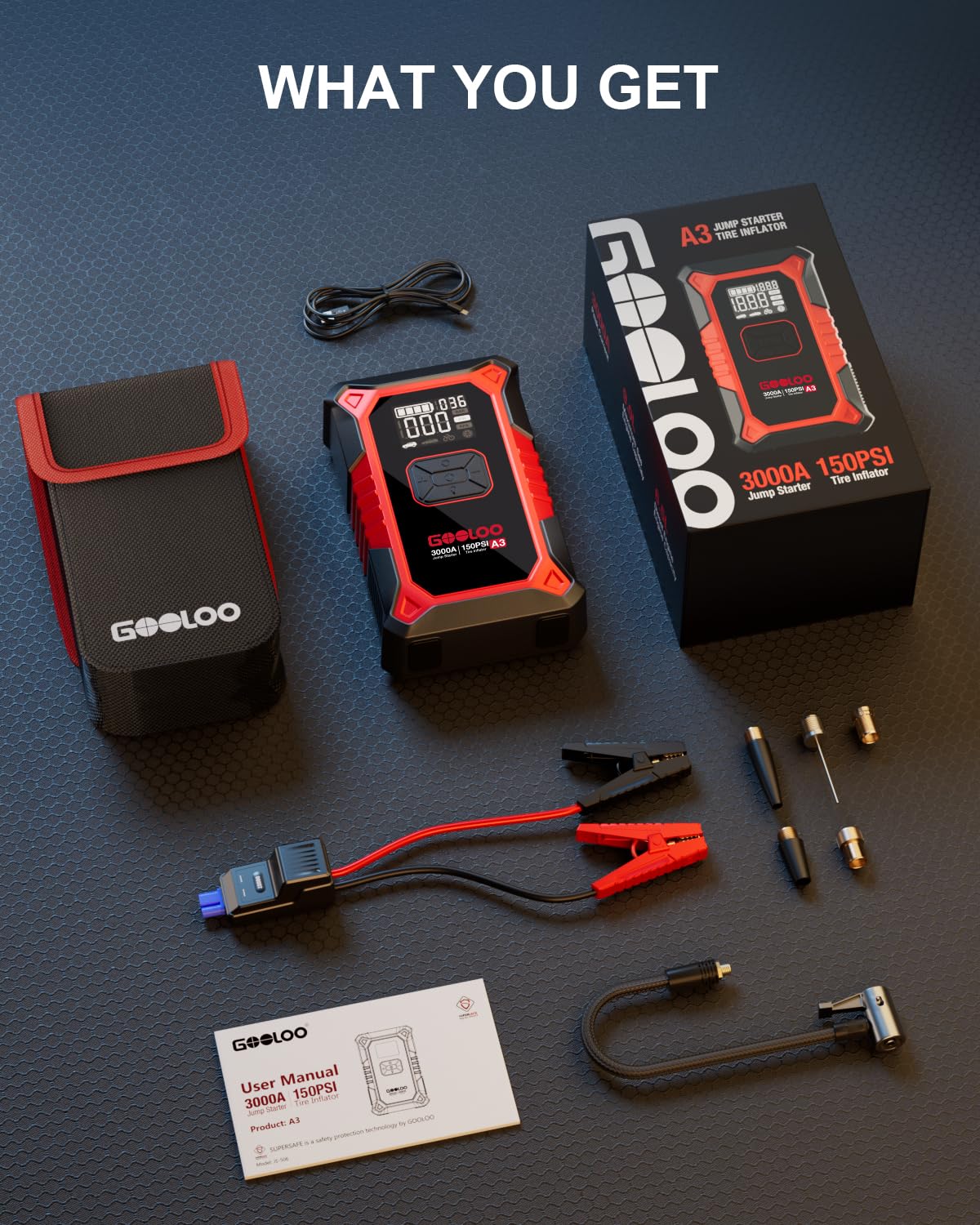 GOOLOO A3 Jump Starter with Air Compressor, 3000A Portable Car Battery Booster (9.0 Gas/6.5L Diesel) with 150PSI Auto-Shutoff Tire Inflator, 12V Supersafe Lithium Jump Box Car Battery Jumper Starter