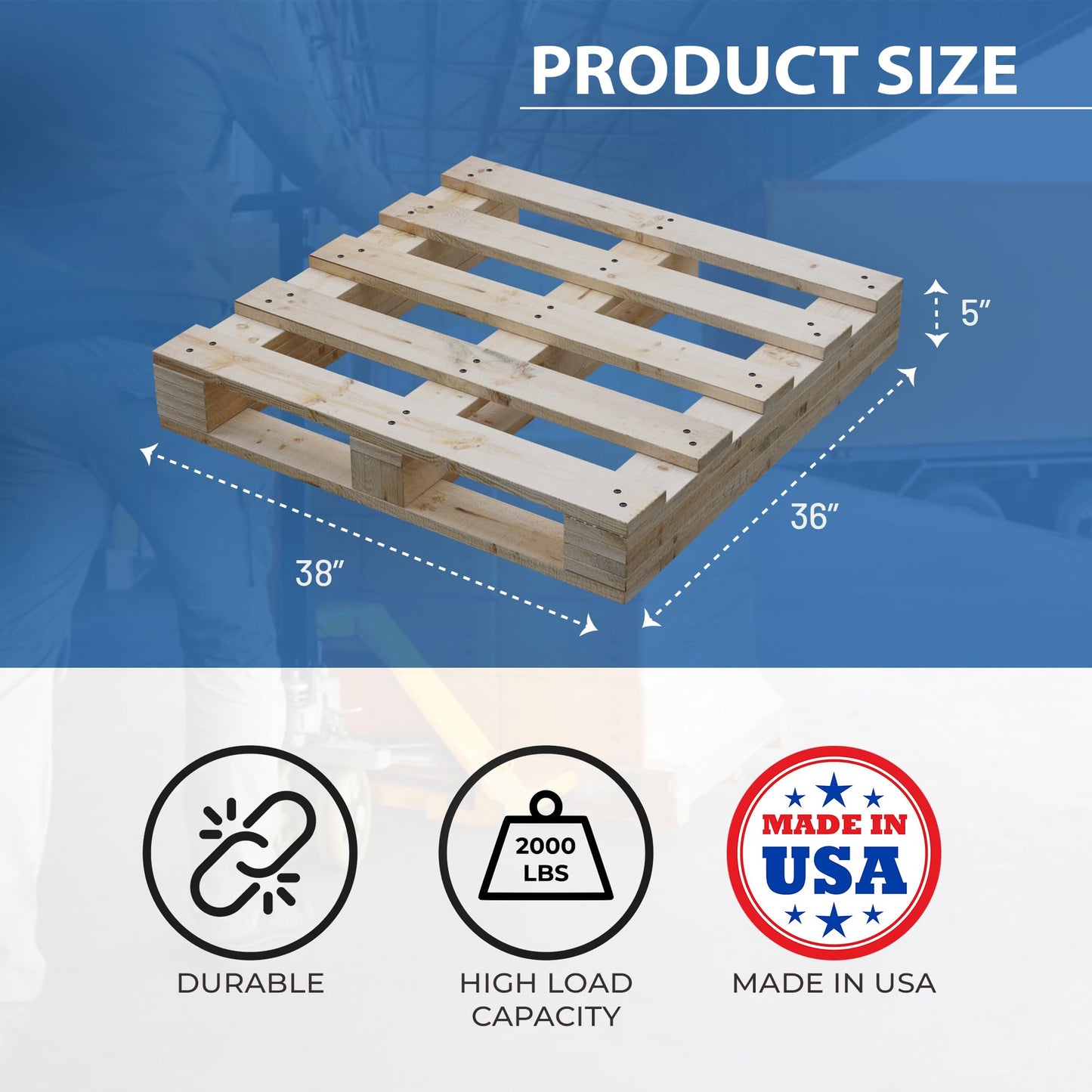 Treaton, Heavy-Duty 2-Way Entry Wooden Pallet – 38x36x5”, Industrial-Grade Hardwood Shipping Pallet, Durable, Reusable, Stackable, Easy to Handle, Commercial Use as a Floor-Pallet, 5 Pack