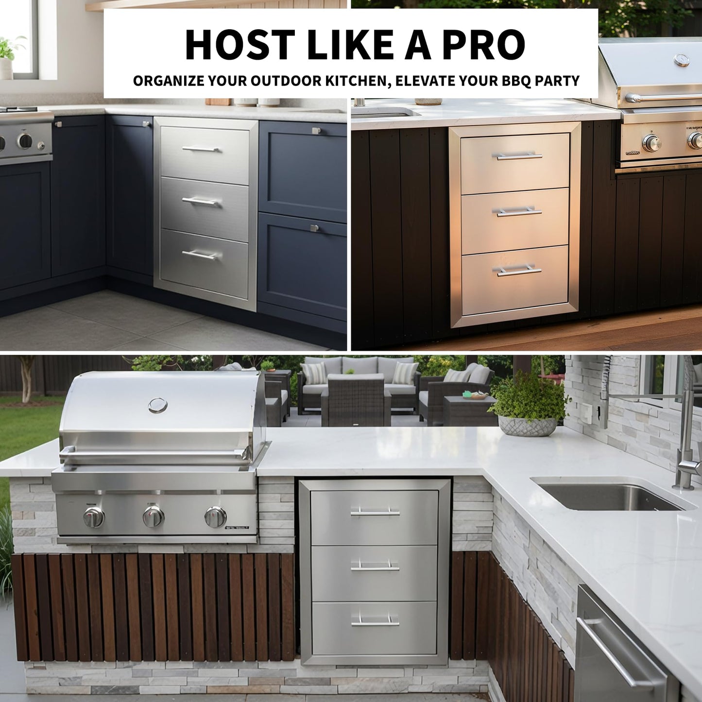 Cxforste Outdoor Kitchen Drawers with Triple-Access & Handles ๏ผ18" W x 23" H x 23" D Stainless Steel Flush Mount Modular Cabinet for BBQ Islands & Patios