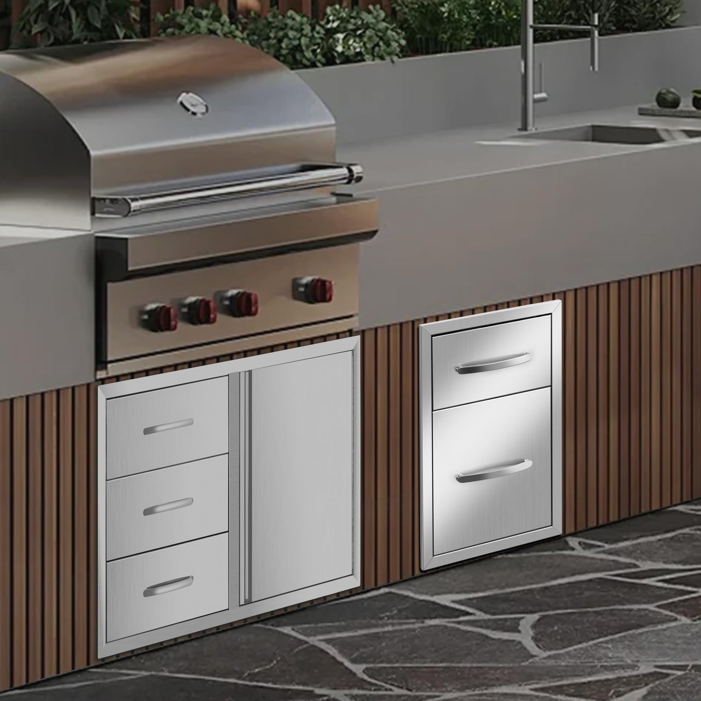 KODOM Outdoor Kitchen Double Drawers 13W x 20H x 21D Inch, Flush Mount Access BBQ Island Drawers for Outdoor Kitchens or Patio Grill Station