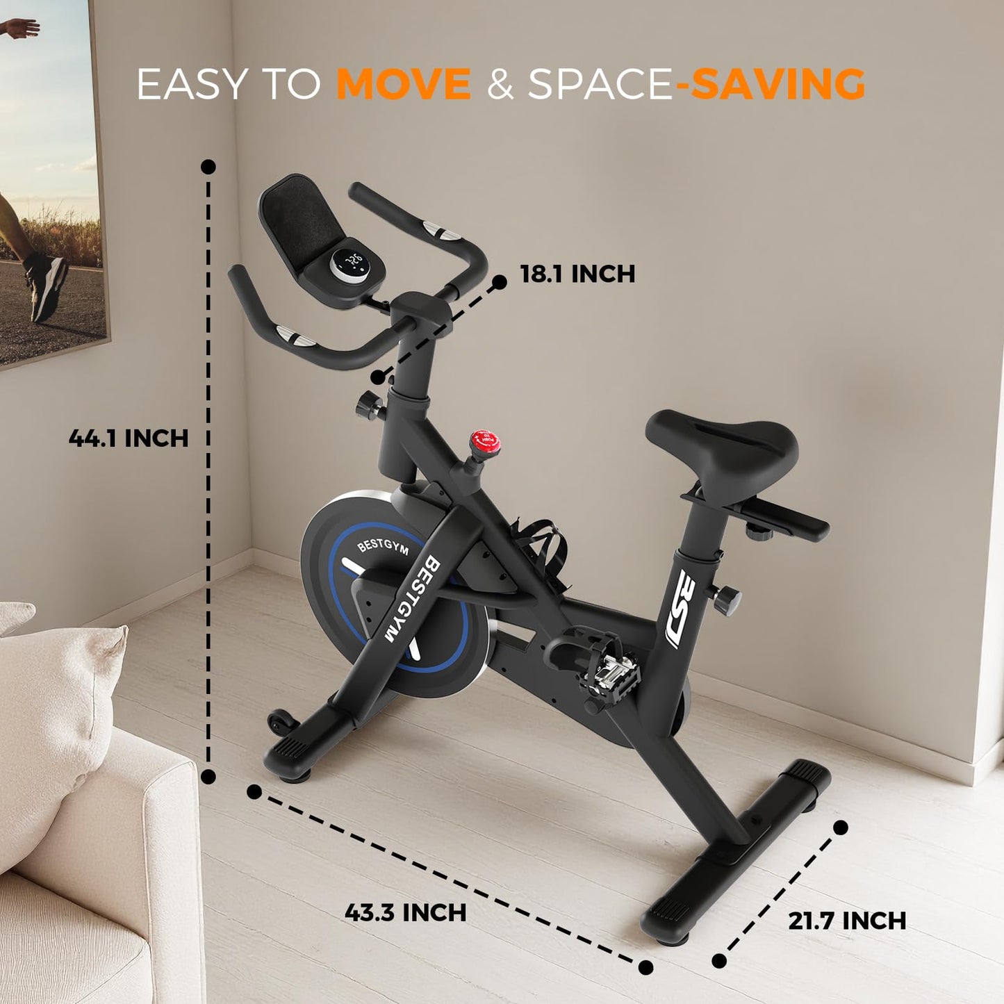 BSJ BESTGYM Exercise Bike, Brake Pad Stationary Bike with App, Low Noise Indoor Cycling Bike with 330lbs Weight Capacity, Adjustable Seat, Tablet Holder, Water Bottle Holder for Home Fitness and Weight Loss (Friction-Black)
