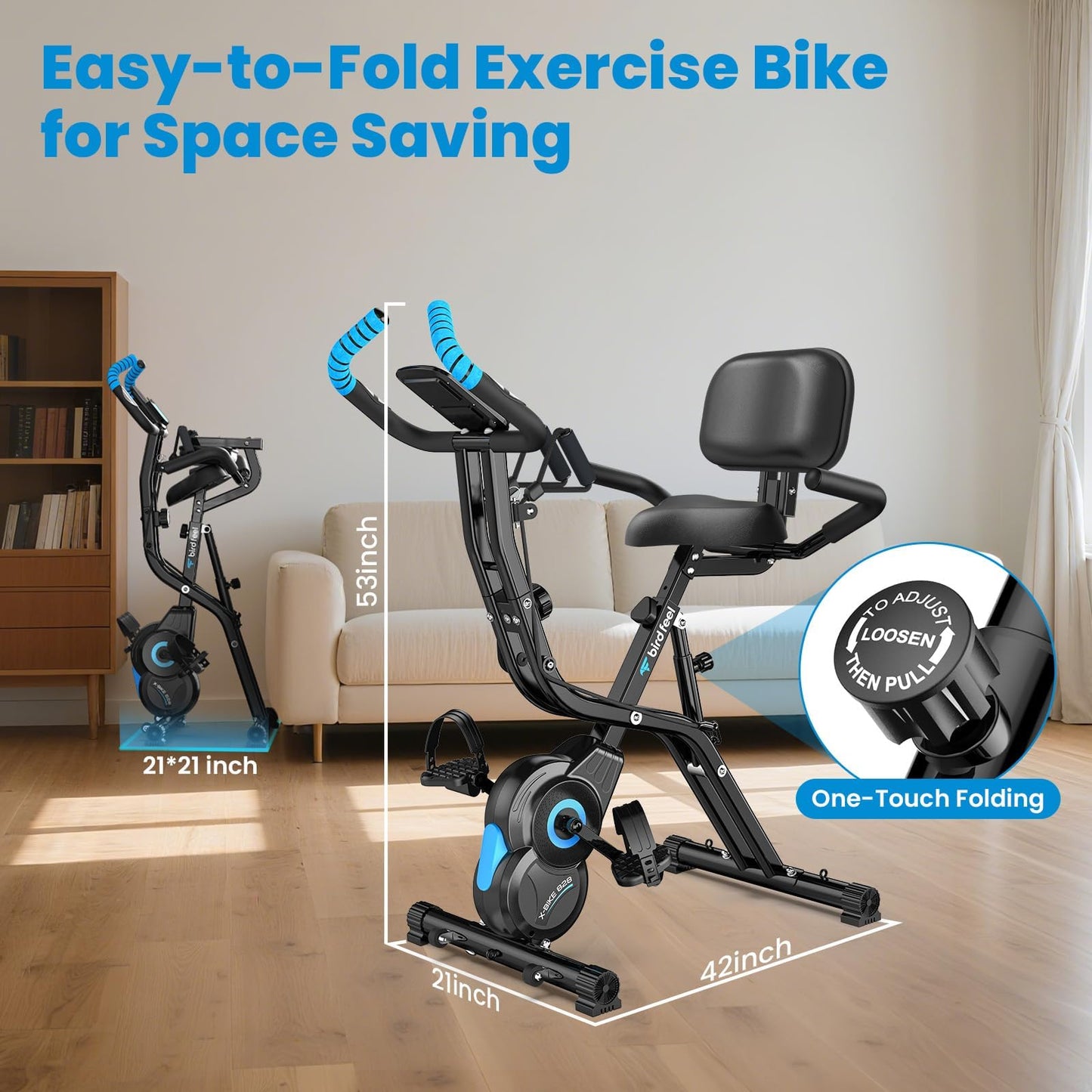 Birdfeel Foldable Exercise Bike, Multifunctional Indoor Stationary Bikes for Home with 8-Level Magnetic Resistance, Quiet Workout Bike with Arm Resistance Bands, LCD Monitor, 300LBS Capacity (Midnight Black)