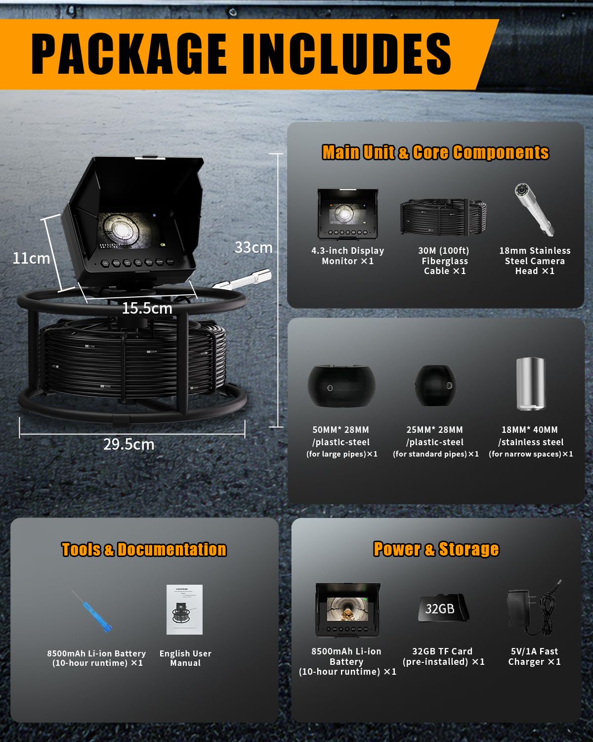 Sewer Inspection Camera 100ft/30M with 4.3" Monitor, 32GB DVR Drain Camera, 18mm 1080p Probe & 8500mAh Battery, IP68 Waterproof Endoscope β Heavy Duty All-Metal Rack for Plumbing, Drain Inspection