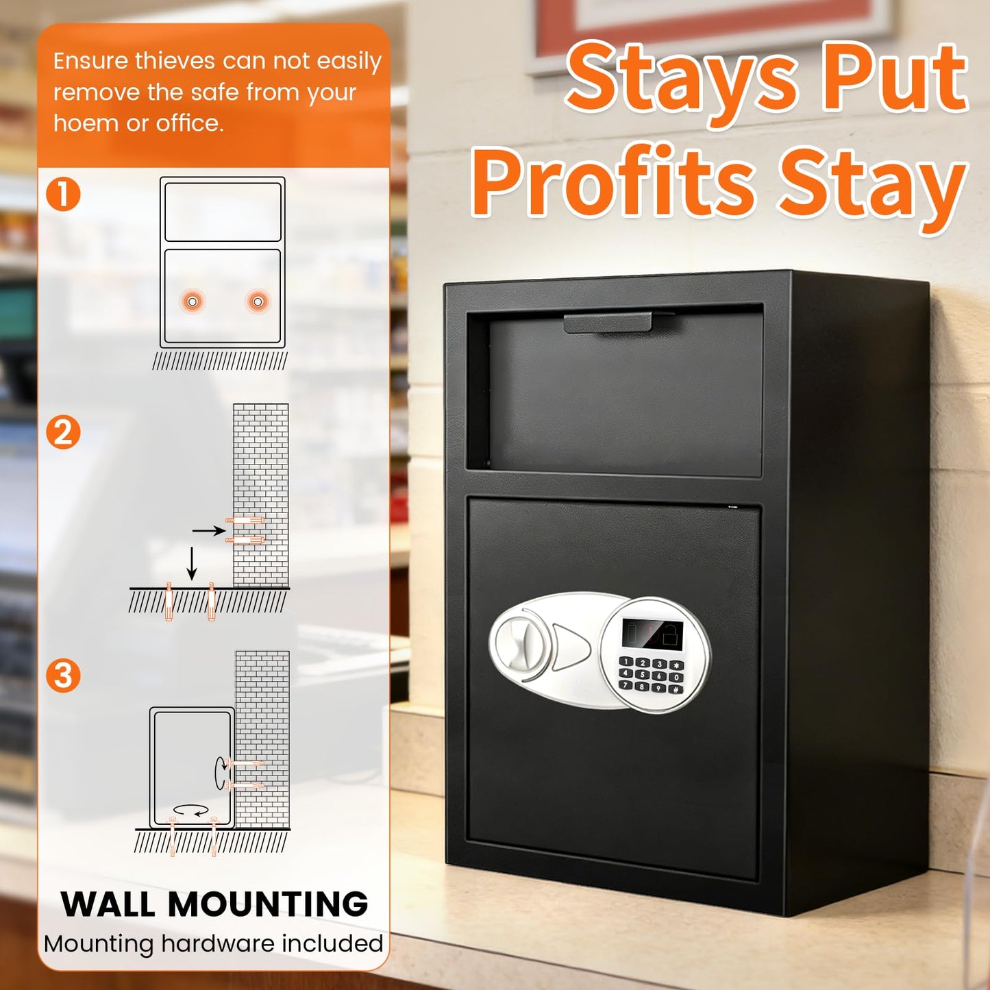 2.6 Cuft Depository Safe for Business with Quick Place Drop Slot, Cash Drop Safes with Digital Combination LCD Display and Anti-Fishing, Security Drop Safe for Cash, Mail, Checks, Document