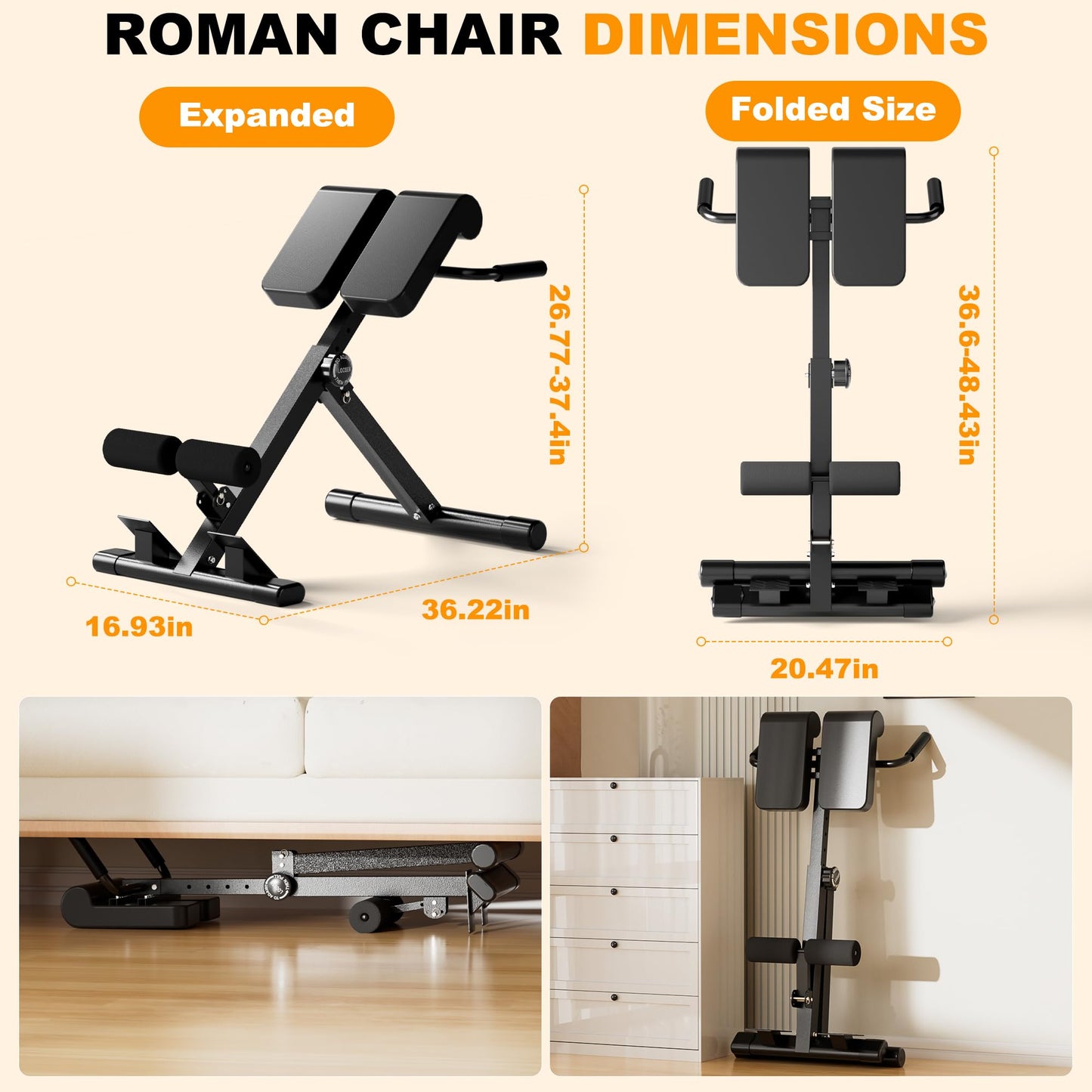 SIRHOME Adjustable Roman Chair with 330 lb Capacity, Foldable Incline Hyperextension Bench, Multi-Function Home Gym Back Extension Machine for Glutes, Hamstrings & Lower Back Strength Training