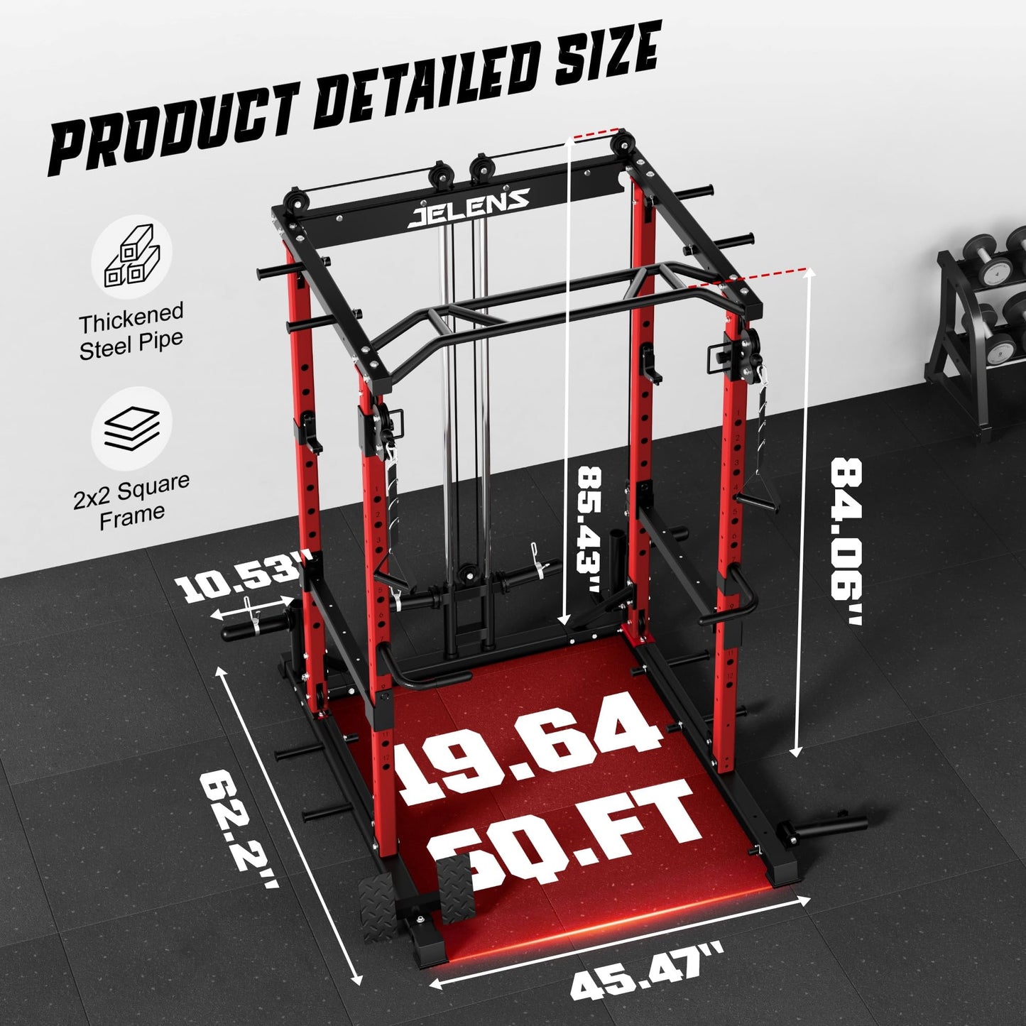 JELENS C12 Squat Rack for Home Gym, 2000LBS Power Rack with Adjustable Pulley System, Power Cage Workout Equipment with LAT Pulldown and Training Attachment (Red, C12 Squat Rack)
