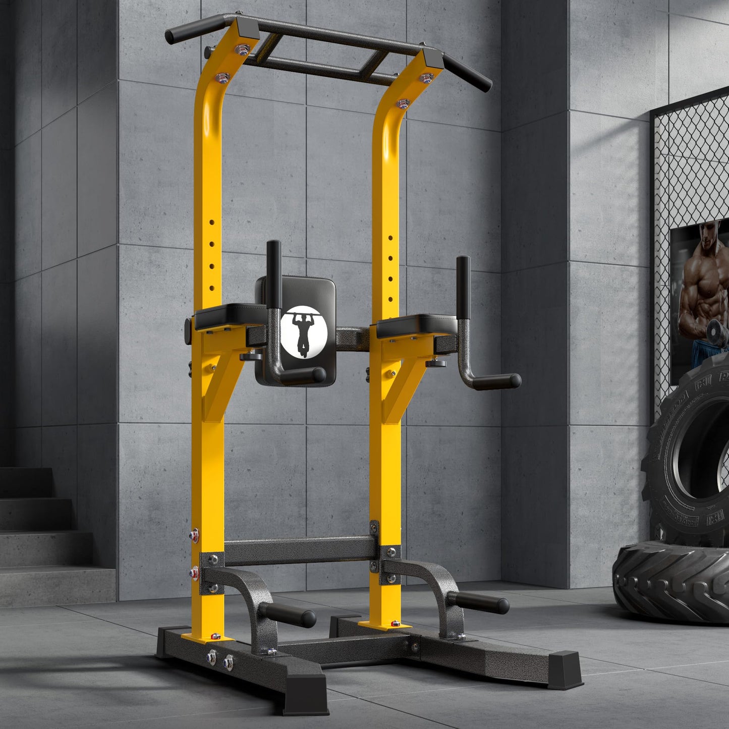 SogesPower Multi-Function Power Tower Pull Up Bar Station Pull Up Dip Station for Home Gym, Adjustable Height Pull Up Bar Stand Dip Bar Strength Training Workout Equipment, Yellow