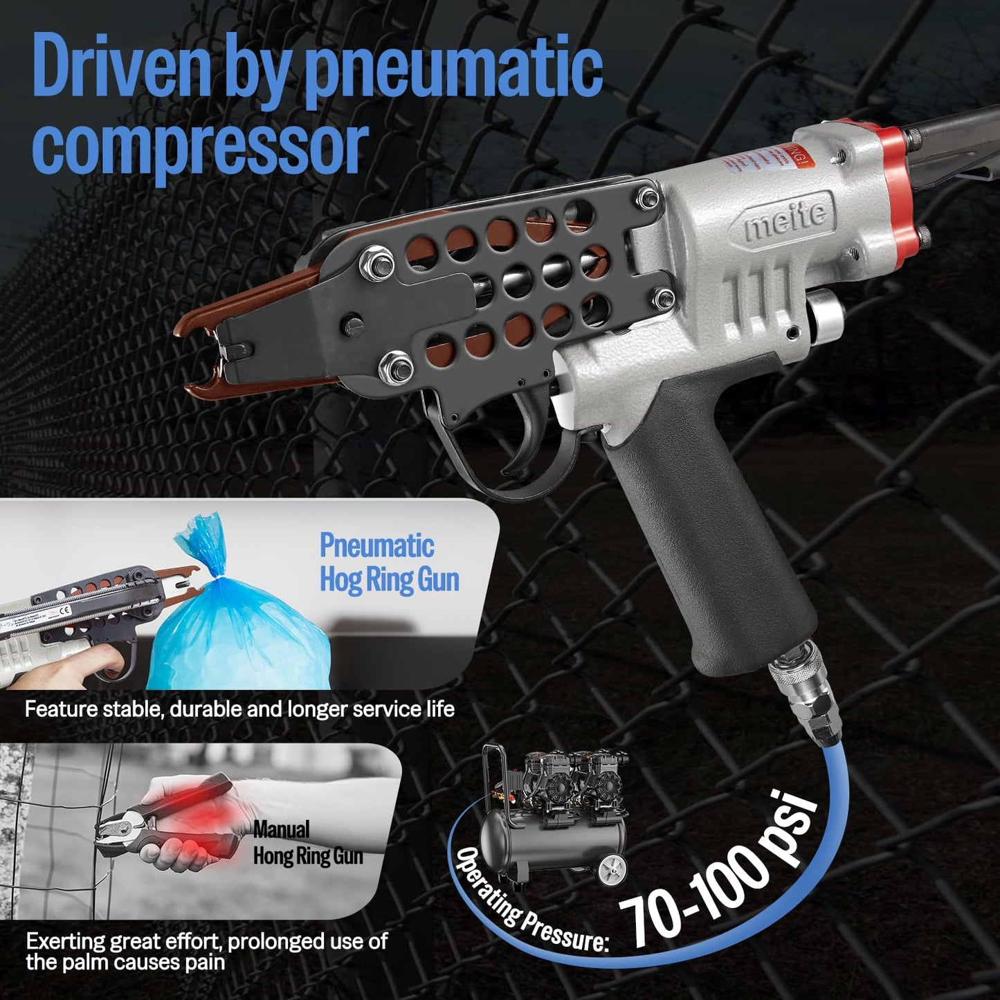 meite SC7E-I2 Pneumatic Hog Ring Gun with 2000 PCS 15GA Hog Rings, 15 Gauge 3/4" Crown Extended Nose Hog Ring Pliers, 8.8 mm Closure, Upgrade Trigger Air C Ringer for Mattress Assembly