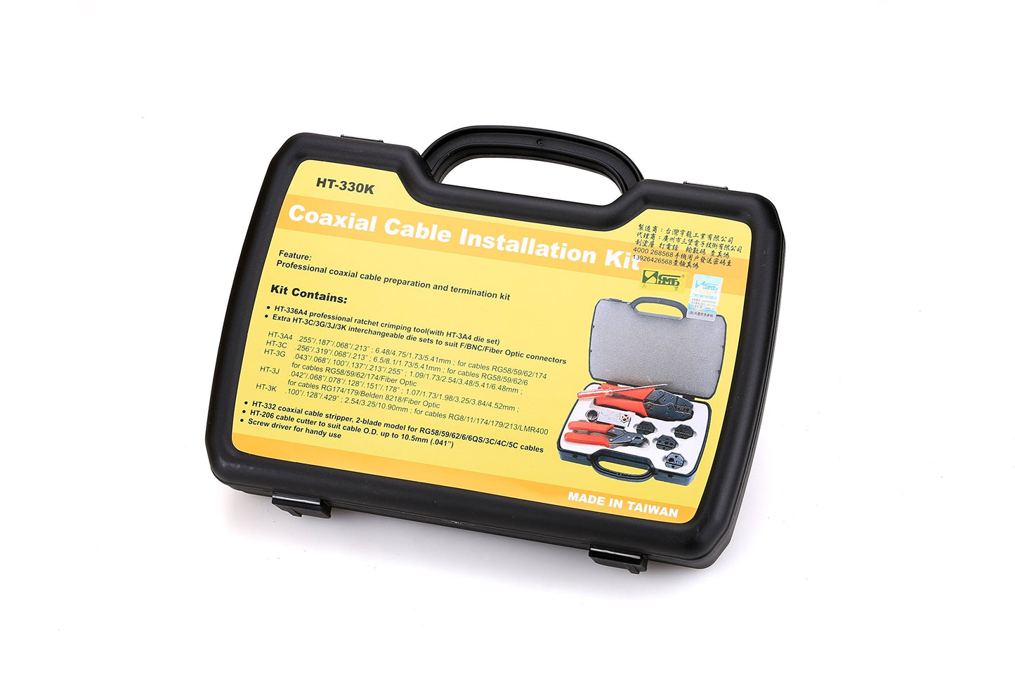 HT-330K Professional and Portable Network Tool Kit Bag, include Crimping Tool, Stripper, Cutter, Screwdriver and Four Crimp Models.