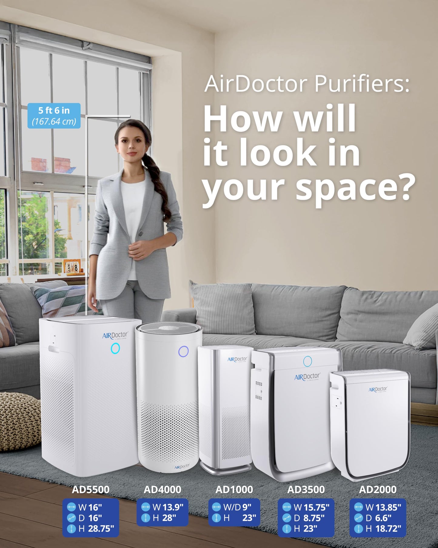 AIRDOCTOR AD5500i SMART 4-in-1 Air Purifier for Extra Large Spaces & Large Rooms- UltraHEPA, Carbon, VOC Filters Capture Particles 100x Smaller Than HEPA Standard with Extra VOC Filter- Bundle.