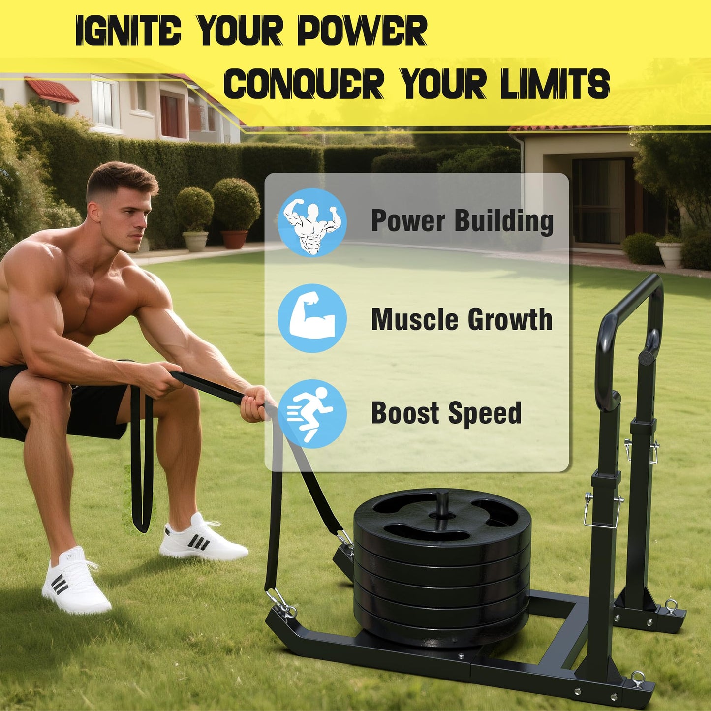 GanFindX Adjustable Height Weight Sled, Heavy-Duty Push Pull Training Sled, Adjustable 5-Level Handle for Speed and Strength Improvement, Suitable for 1" & 2" Weight Plates