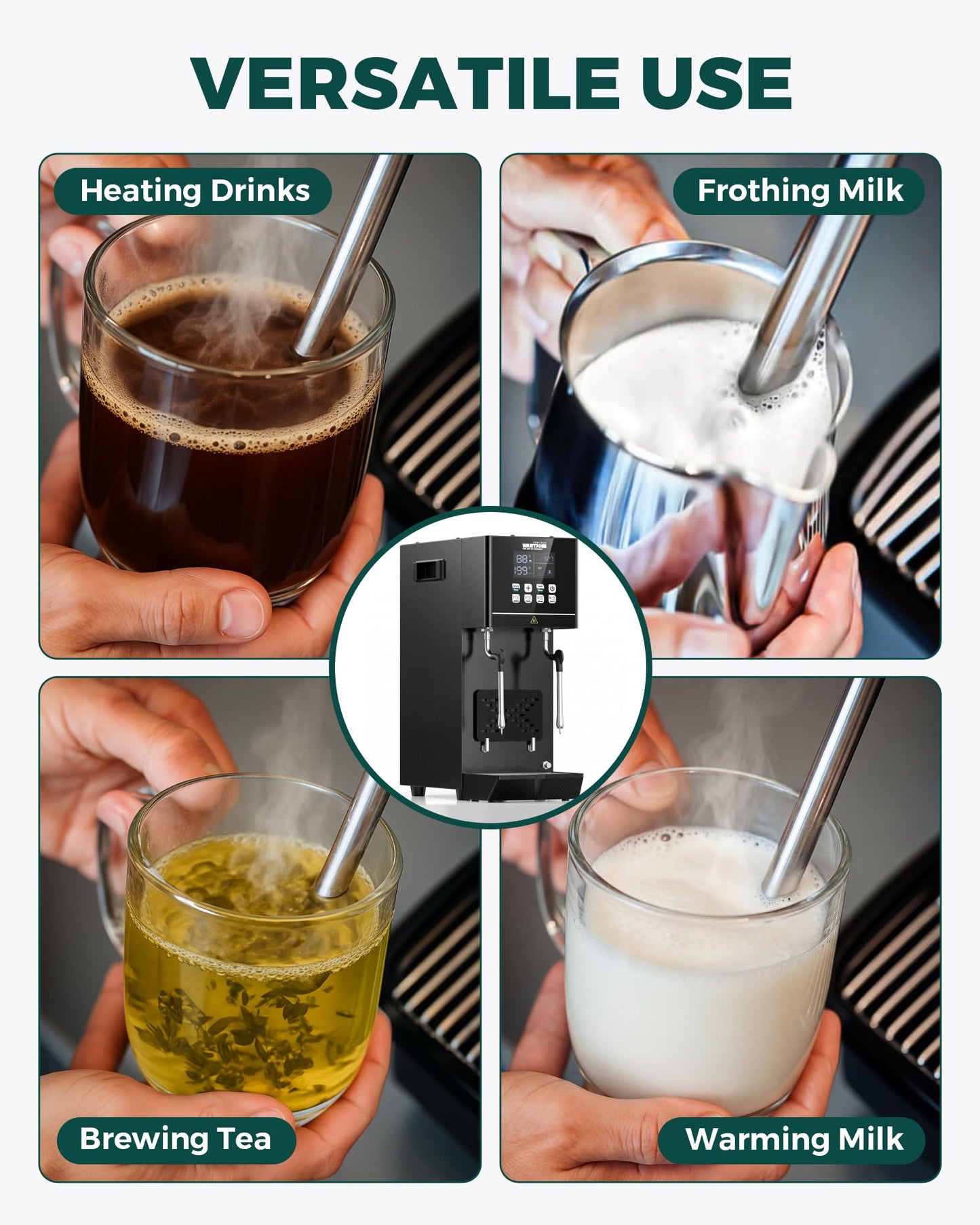 WantJoin Commercial Milk Frother & Beverage Heater - 2000W Multi-functional Milk Steamer Machine with LED Display Panel for Latte Cappuccino Coffee Milk Tea Foam & Hot Water Dispenser, Hotel Home Use