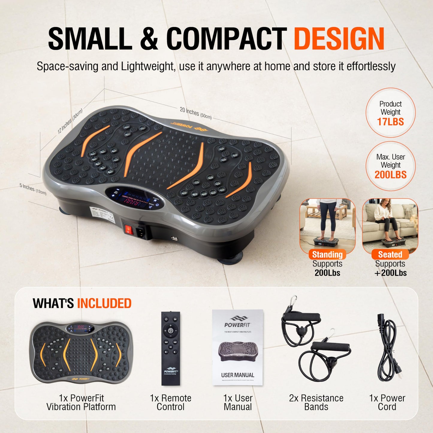 Powerfit Vibration Plate Exercise Machine - Waver Full Body Vibration Platform for Weight Loss & Lymphatic Drainage - Best Power Plate for Seniors - 200 Lbs Capacity