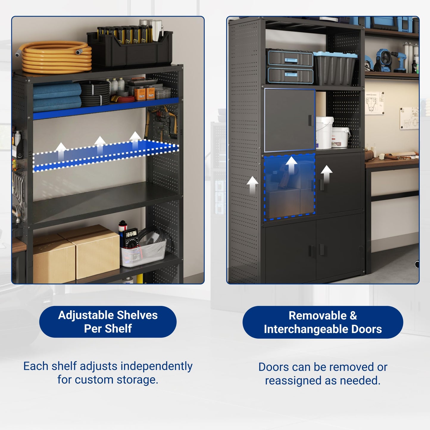 FLEXIMOUNTS Garage Storage Cabinet System, 3-in-1 Modular Metal Tool Cabinet w/ Workbench and Metal Board Shelf Includes Pegboard, 24-Gauge Steel, 117"(L) w/ 6 Doors, Black, FLEXIMOD Series