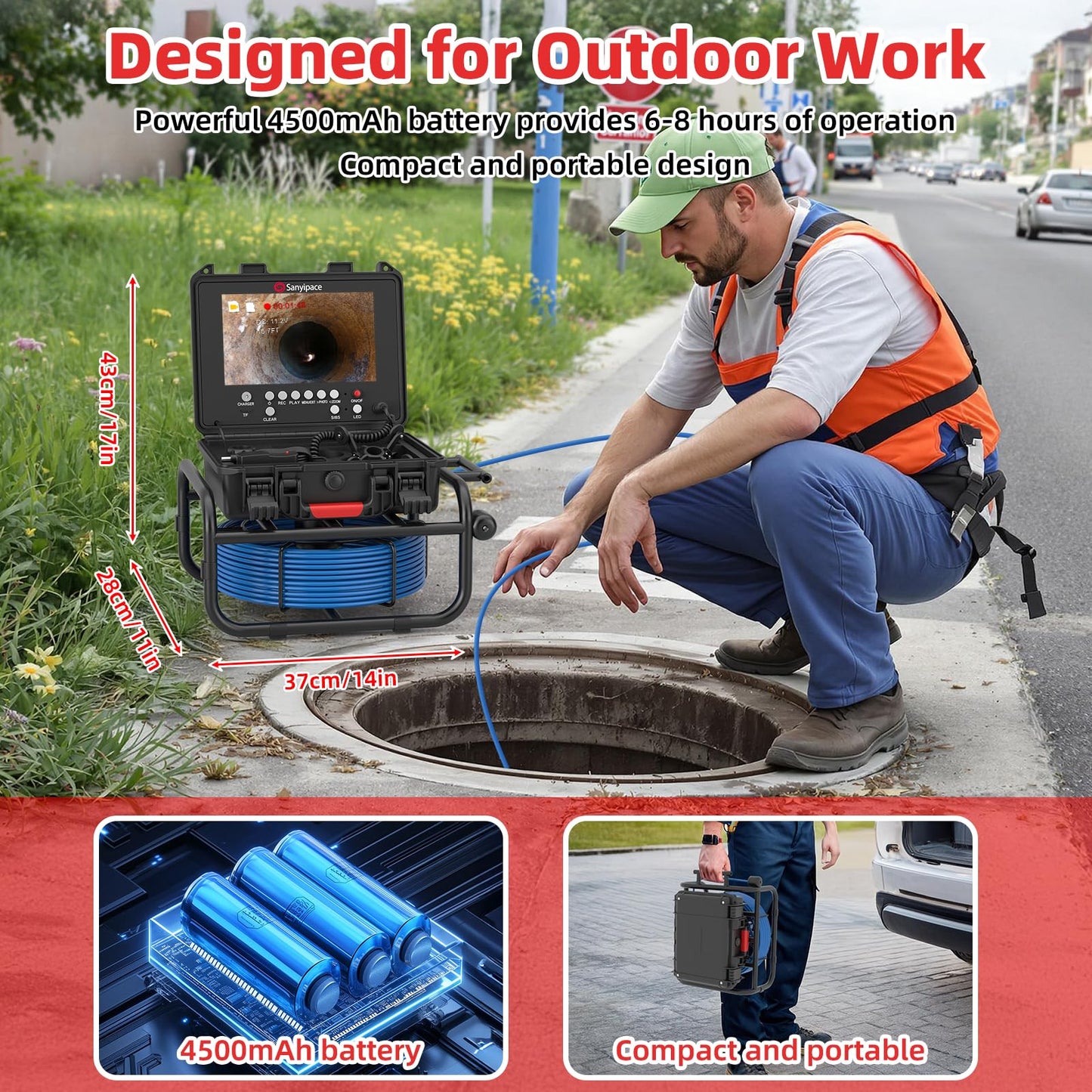 Sanyipace Pipe Camera with Locator, 512Hz Sewer Camera with Self-Leveling, 23mm/0.9in Drain Camera with Distance Counter, 5X Zoom, Waterproof Plumbing Inspection Camera with 12 PCS Lights, 66FT/20M