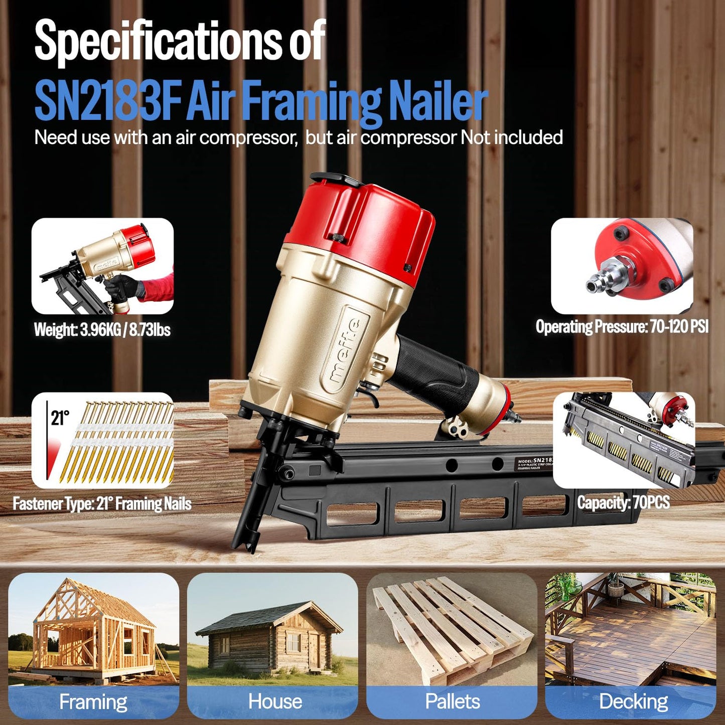 meite SN2183F 21 Degree Framing Nailer with 3-1/4 Inch Smooth Shank Galvanized Framing Nails 1,000PCS, Pneumatic Nail Gun for Roof Decking Sheathing Wall Studs