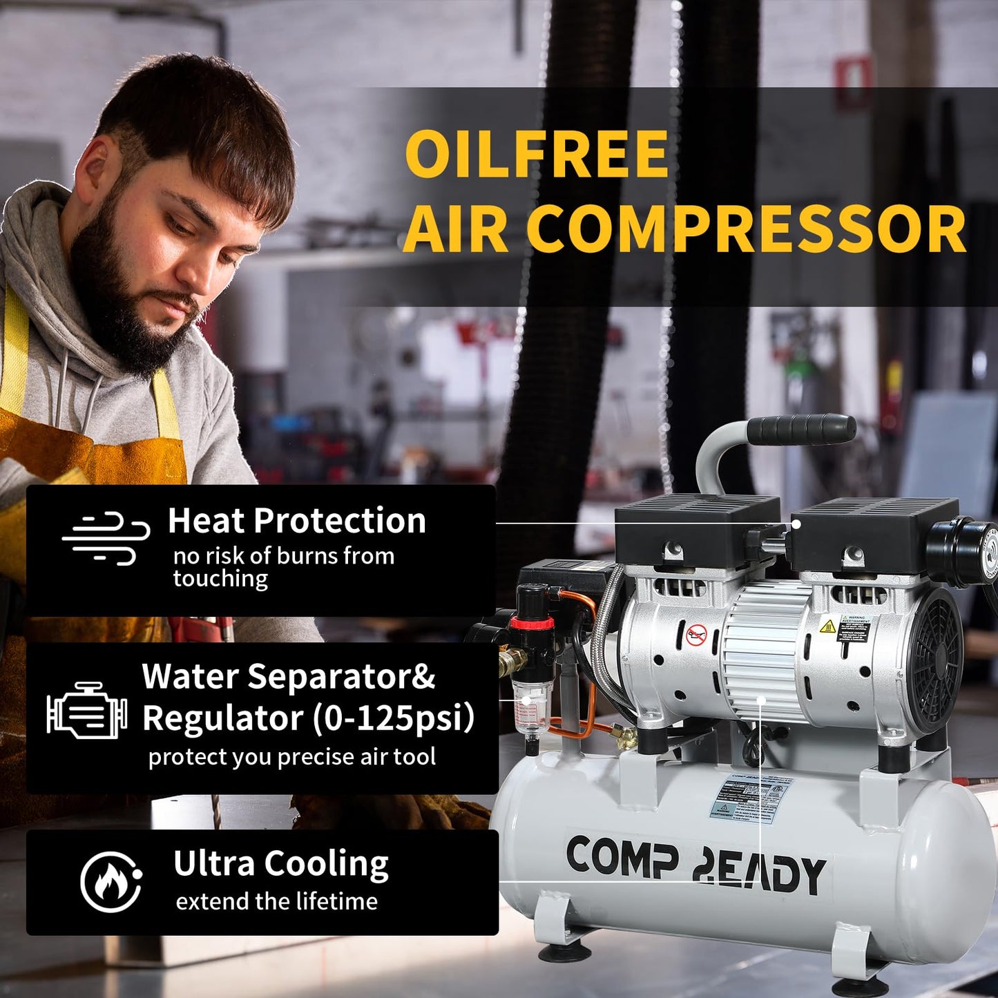 2 Gallon Portable Air Compressor 0.75HP 1.7 CFM@90PSI 60dB Ultra Quiet Oil Free Air Compressor for Tire Inflation Pneumatic Tool Spray Painting