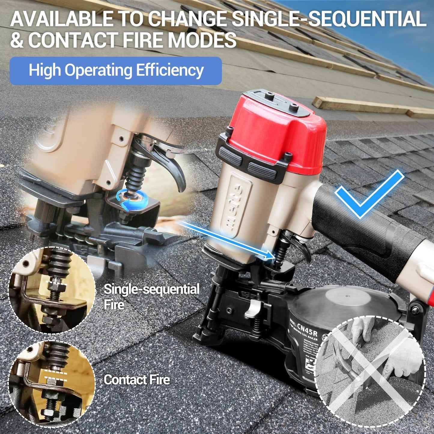 meite CN45R Coil Roofing Nailer Kit with 1-3/4" Coil Roofing Nails, 15 Degree Pneumatic Roof Nail Gun for Asphalt Shingles Underlayment Decking Roof Repair