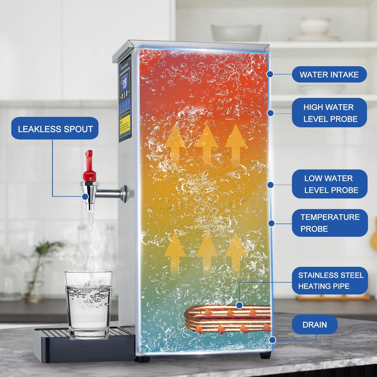 Hot Water Dispenser Commercial Water Boiler Electric Warmer Hot Water Machine Stainless Steel 30L(8GAL)/Hour Step-heating Temperature Control 86-212°F for Boba Tea Coffee Office Restaurant 1600W