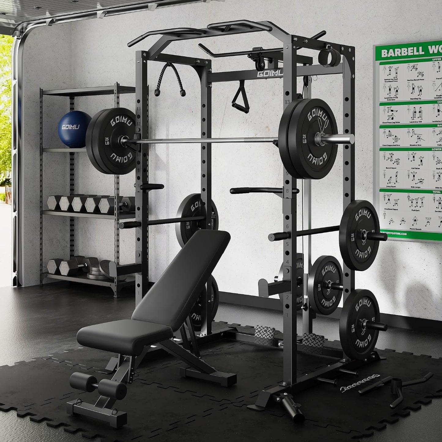 Goimu C1-V4 Power Cage, 2000LBS Squat Rack with LAT Pulldown, Multi-Function Weight Cage Strength Training Machine, Workout Cage with More Attachments for Home Gym Garage (BK C1-V4)