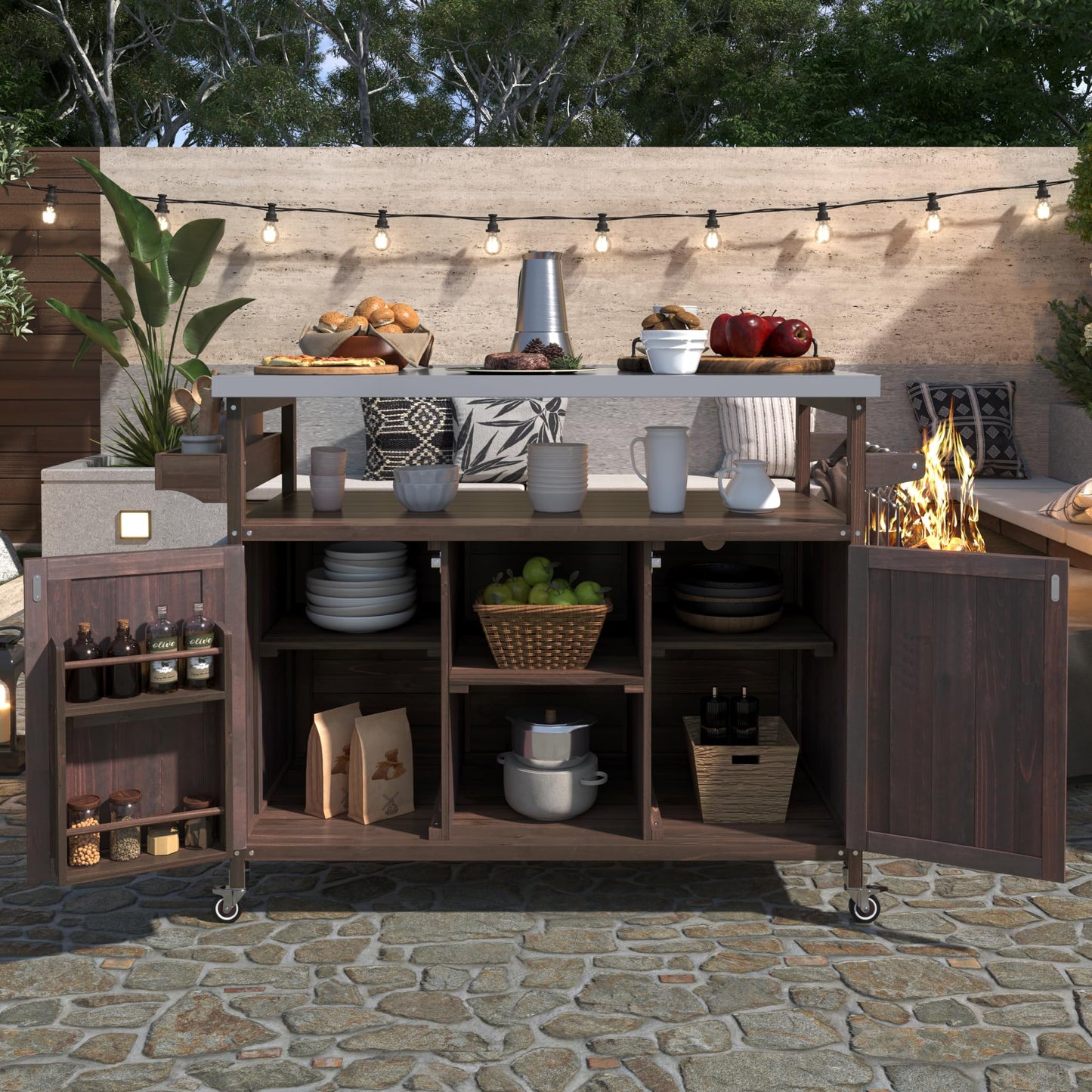 EOAWE Outdoor Grill Cart with Storage, Rolling Bar Cart and Lockable Wheels, Farmhouse Solid Wood Outdoor Grill Table with Stainless Steel Top, Spice Rack, Towel Rack for Kitchen and BBQ, Dark Brown