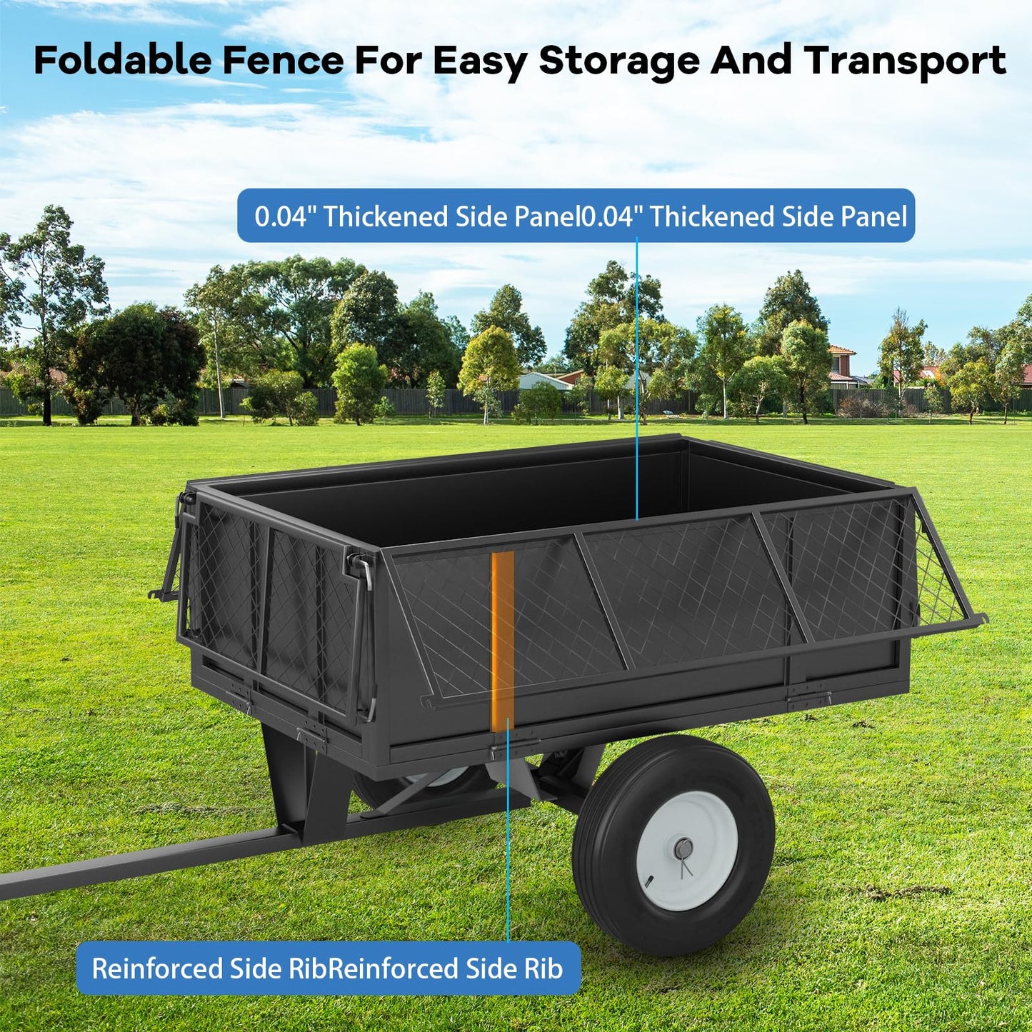 Heavy Duty Steel Utility Dump Trailer – 17 Cu.Ft Garden Cart with Removable Mesh Sides & Pneumatic Tires, 750 Lbs Tow Behind Trailer for ATV, UTV, Lawn Tractor Hauling in Yard & Farm, Black