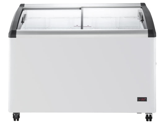 Duura Commercial Mobile Ice Cream Display Chest Freezer Sub Zero Temp Curved Glass Top Frost Free Lid with 5 Wire Baskets, 47.4 Inch Wide 12.8 Cubic Feet, White