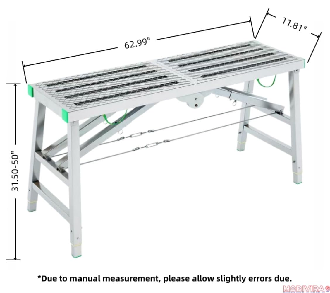 Modivira Folding Scaffolding with Adjustable Heights Heavy Duty Portable Steel Ladder with Non-Slip Feet for roof Cleaning Paint Home Improvement (A,62.99" * 11.81")