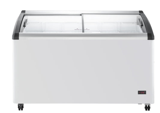Duura Commercial Mobile Ice Cream Display Chest Freezer Sub Zero Temp Curved Glass Top Frost Free Lid with 6 Wire Baskets, 53.2 Inch Wide 15.2 Cubic Feet, White