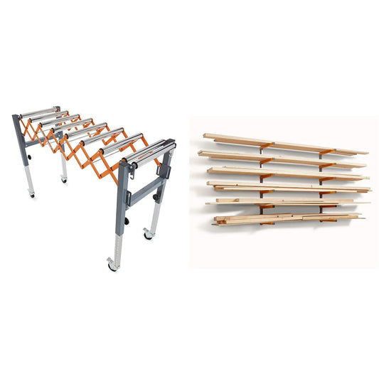 Bora Portamate PM-2700 Adjustable Conveyor Roller & Bora Wood Organizer and Lumber Storage Metal Rack with 6-Level Wall Mount – Indoor and Outdoor Use, in Orange | PBR-001