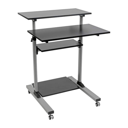 TRIPP LITE Mobile Sit Stand Desk, Height Adjustable Small Rolling Laptop Cart Workstation Workspace, 4 Shelf Storage, Home Office & School, 5-Year Warranty (WWSSRC)