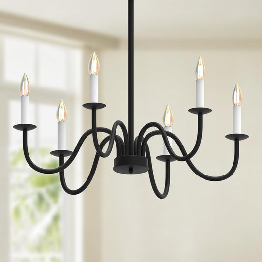 Isamacc 6-Light Chandelier, Wrought Iron Black Chandelier with Adjustable Height, Industrial Hanging Light Fixture for Dining Room, Living Room, Foyer, Bedroom