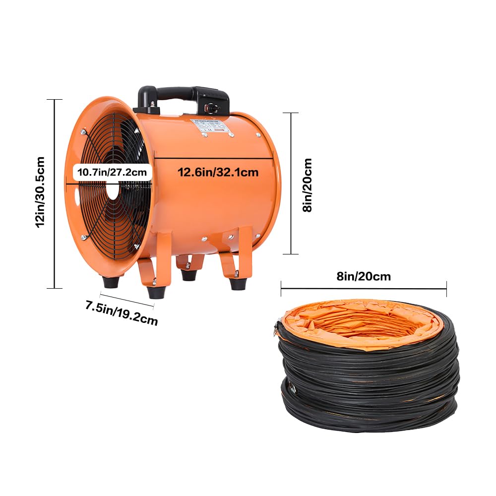 Utility Blower 8 Inch, High Velocity Ventilator With Duct Hose, Low Noise Portable Fan, Fume Extractor for Exhausting & Ventilating at Home and Job Site (8IN Fan+16FT Hose)