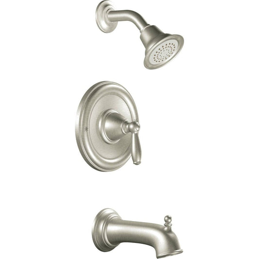 Moen Brantford Brushed Nickel Pressure Balancing Modern Bathtub and Shower Trim Kit with Shower Head, Shower Handle, and Tub Spout, Shower Faucet Set (Posi-Temp Valve Required), T2153BN