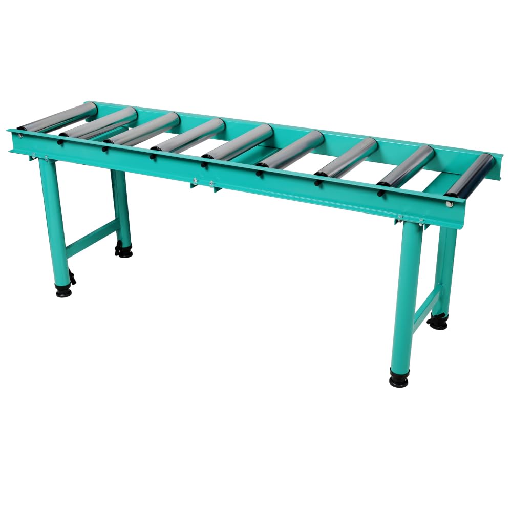 Heavy Duty Roller Conveyor Stand, 9 Roll Adjustable Height, Green Steel, 65x18 Inch, 440 lbs Capacity