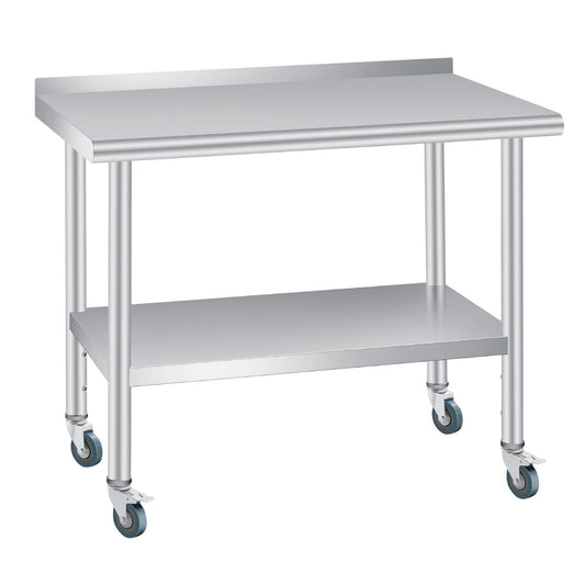 Stainless Steel Prep Table, 48 x 24 inches, with Backsplash & 4 Wheels, Adjustable Undershelf, Commercial Heavy Duty Table with Adjustable Under Shelf for Outdoor Use,Restaurants,Hotels,Works