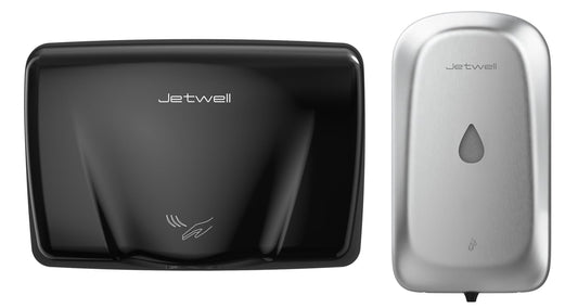 JETWELL Compact Commercial Black Stainless Steel Hand Dryer for Bathroom and Wall Mount Automatic Touch-Less Stainless Steel Hand Soap Dispenser- Automatic Hand Dryer and Wall Mount Soap Dispenser