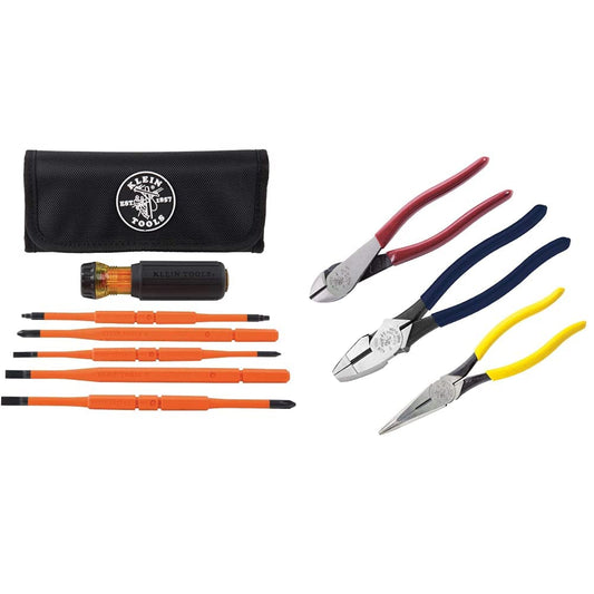Klein Tools 32288 Insulated Screwdriver, 8-in-1 Screwdriver Set & 80020 Tool Set with Lineman's Pliers, Diagonal Cutters, and Long Nose Pliers, with Induction Hardened Knives, 3-Piece