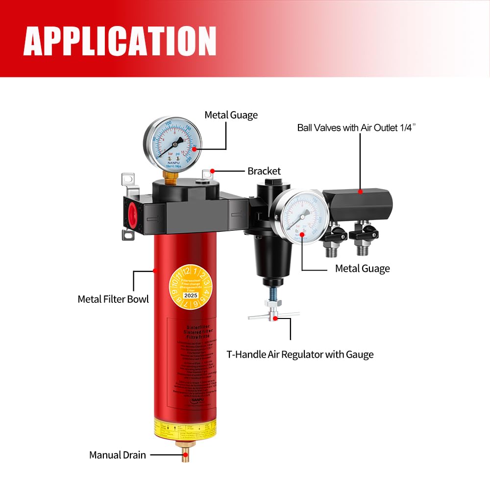 NANPU Z-R Air Filter Regultor– Sintered Filter, 3/4" NPT Inlet, 1/4" NPT Outlet Module, 0-230 psi Gauge, 127 CFM @ 6 bar, Metal Housing, Heat Resistant to 248°F