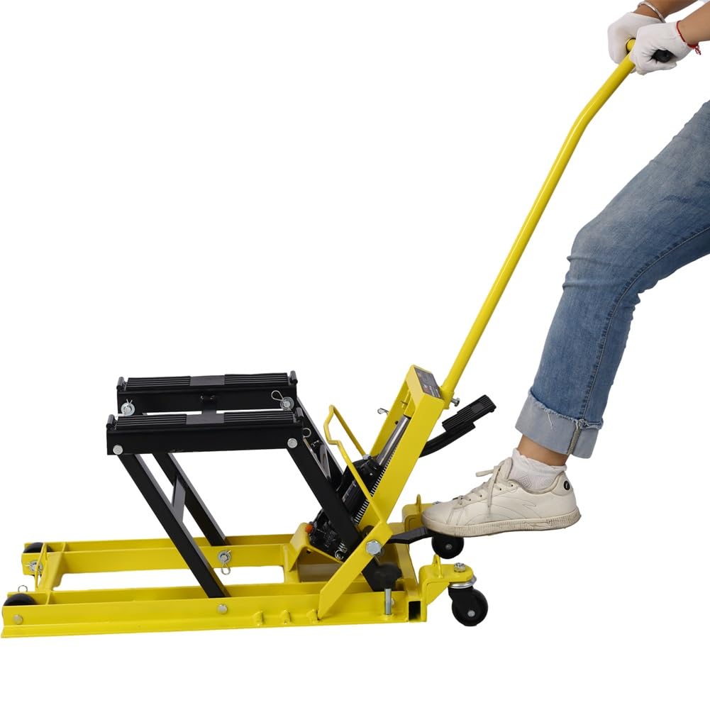 SLifet Hydraulic Motorcycle Lift Jack, 1500 LBS Capacity Foot-Operated Motorcycle Lift Table, ATV Scissor Lift Jack with 4.5" - 15" Lifting Range, Portable Motorcycle Lift Table with Wheels Yellow