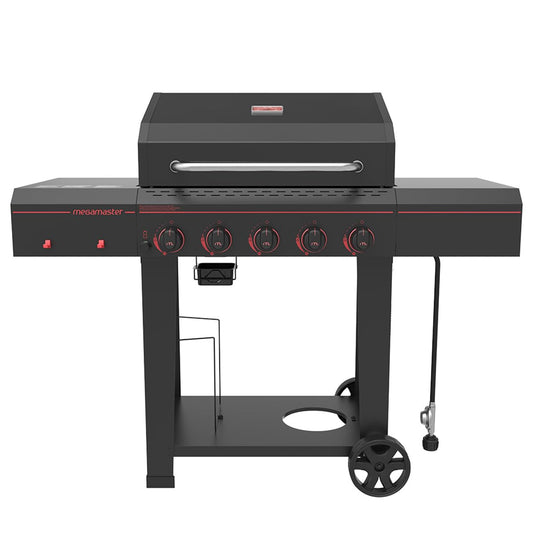 Megamaster 5-Burner Propane Gas Grill with Side Tables, Accessory Hooks, 50,000 BTUs, 656 SQ. In. Cooking Space, 2 Wheel Transport, Outdoor Kitchen Grill for BBQs, Backyards, and More - 720-0982