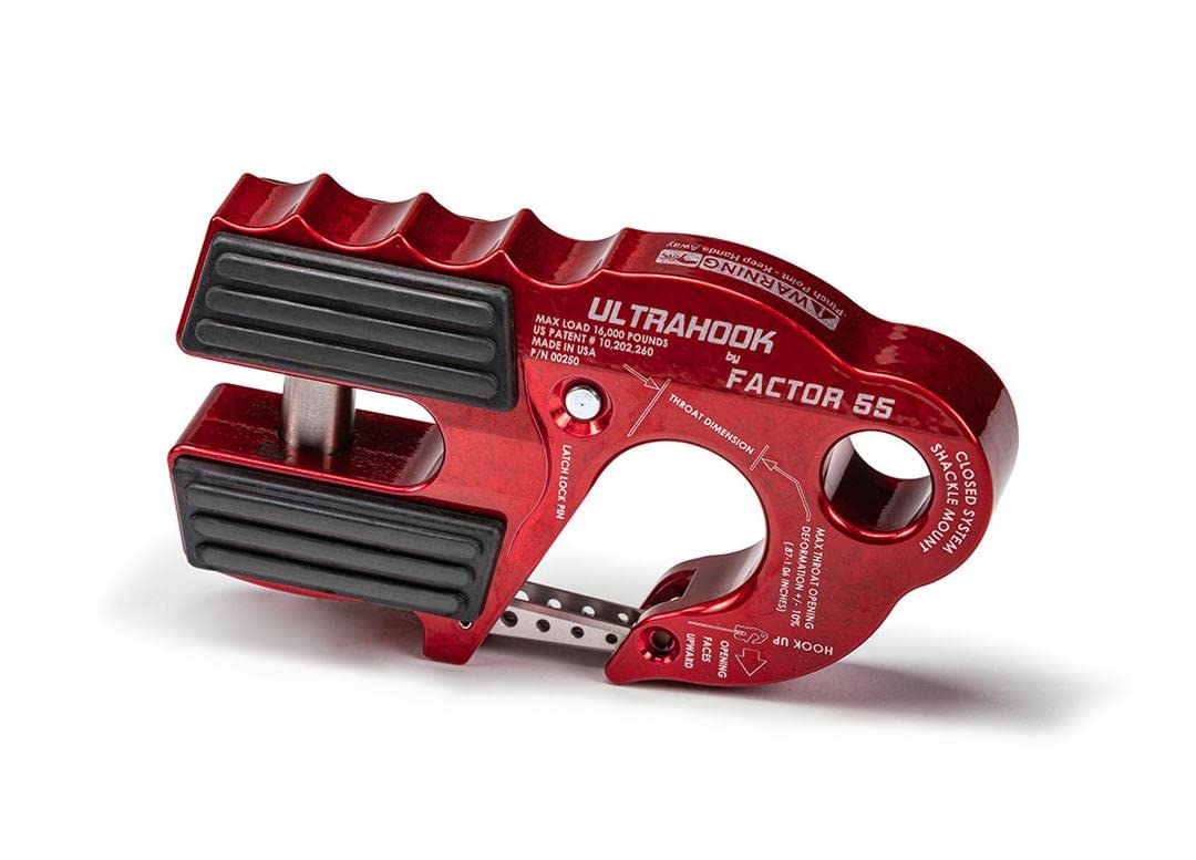 Factor 55 00250-01 Ultrahook Winch Hook Closed System Shackle Max Load 16,000 lbs ULT Strength Shackle Pin Mount 48,000 lbs Offroad 4x4 Adventure – Red.