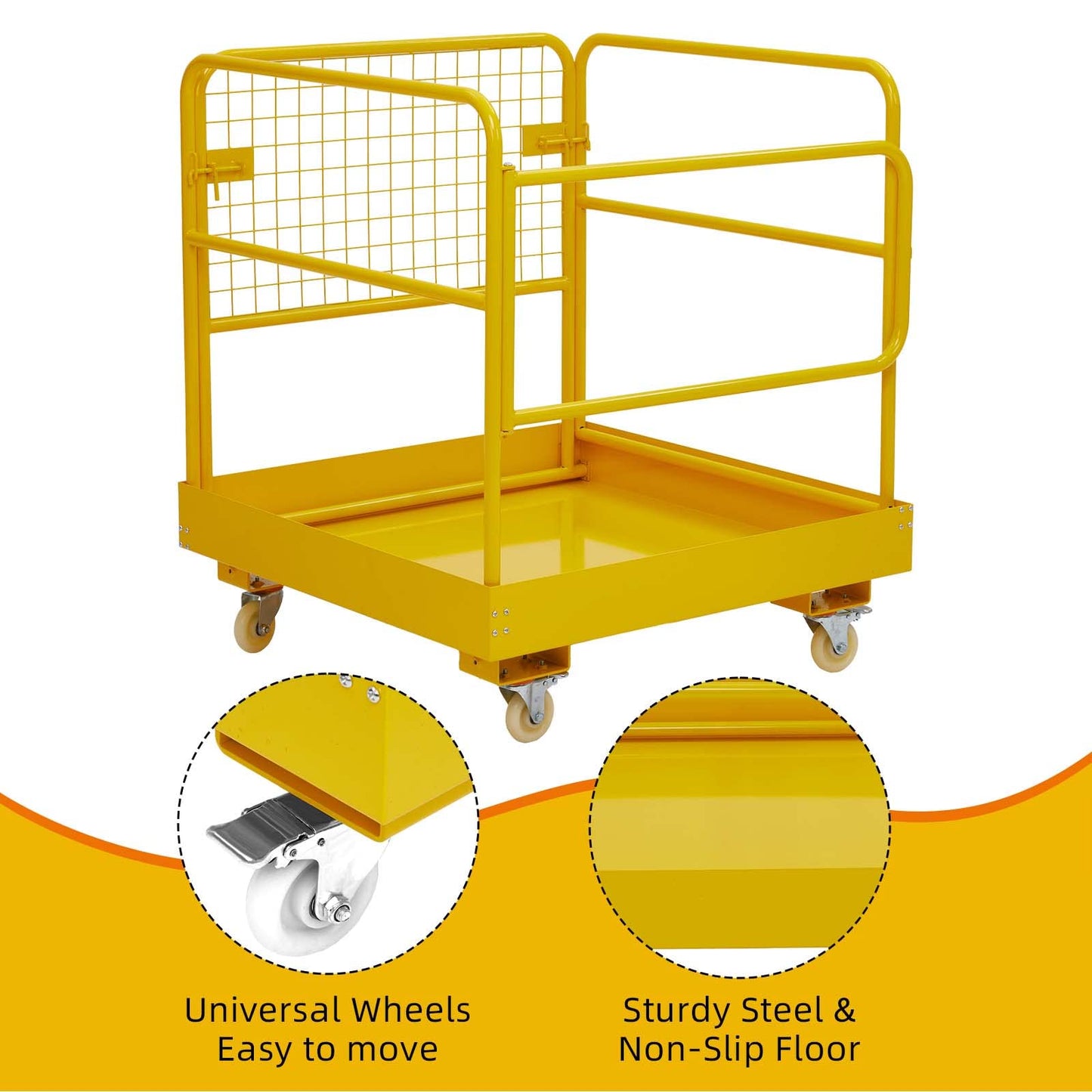 Forklift Safety Cage, 36"x36" inch Heavy Duty Collapsible Forklift Work Platform, 1200LBS Capacity with 4 Universal Wheels Aerial Platform Collapsible Lift Basket Aerial Rails for Lifting Loader