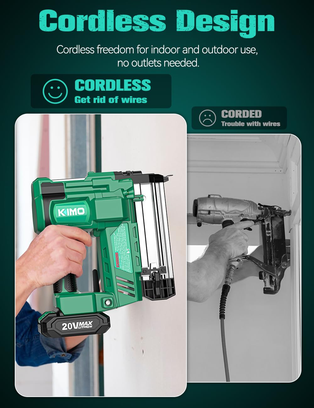 KIMO 18 Gauge Nail Gun Cordless with Battery 2.0Ah X 2, 1000pcs Nails and Staples, 2 Firing Modes, 180 Nails/min, Adjustable Nailing Depth, 2 IN 1 Cordless Brad Nailer and Stapler for DIY Project