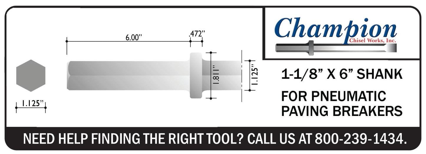 Jack Hammer/Ground Rod Driver with 1-1/8" x 6" Hex Shank – Used for Up to 3/4" Rods/Moderate to Heavy Concrete Demolition, Made in the USA by Champion Chisel