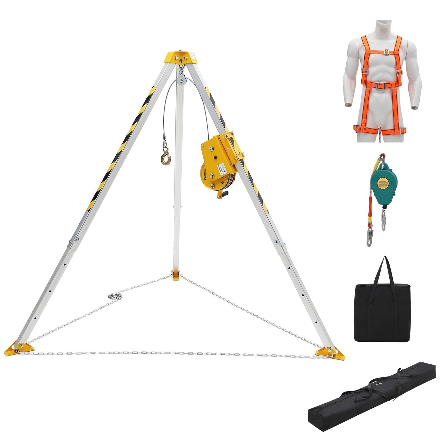 Confined Space Tripod Kit with 1200 Lb Winch, 8 Ft Adjustable Tripod Stand, 98 in Steel Cable, 440 Lb Load Capacity, Rescue & Fall Protection System, Storage Bag for Traditional Confined Spaces